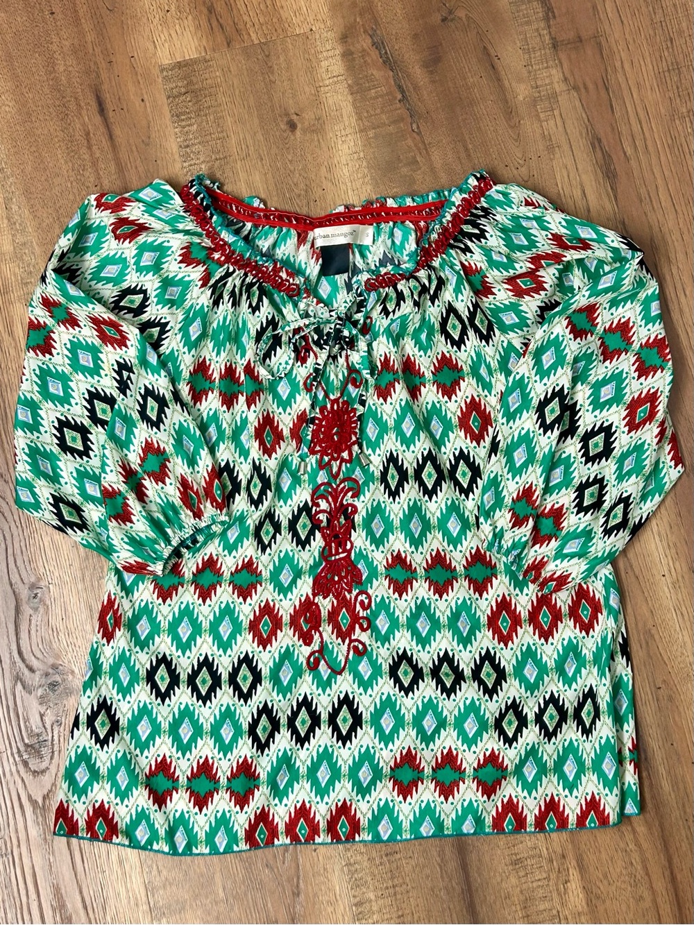 Urban Mangoz Green & Red Printed Women's Blouse with Tie Neck